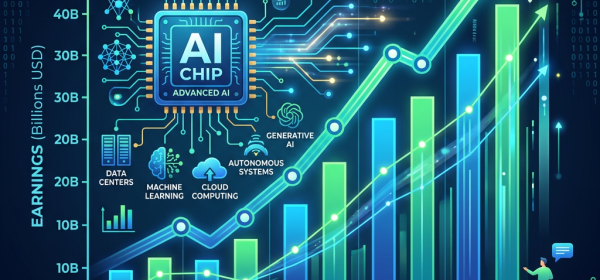 Graph showing semiconductor earnings growth and increasing AI chip market demand from 2021 to 2025 with key drivers and AI technology icons