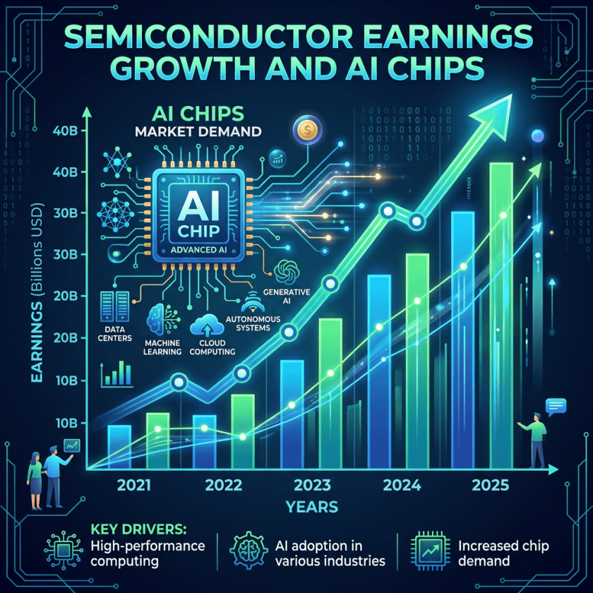 Graph showing semiconductor earnings growth and increasing AI chip market demand from 2021 to 2025 with key drivers and AI technology icons