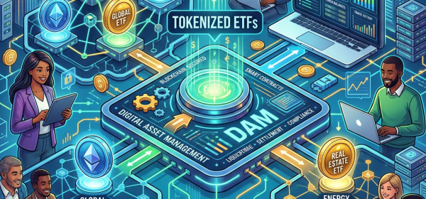 Digital asset management platform displaying various tokenized ETFs like tech, gold, global equity, real estate, and energy ETFs with people using laptops and tablets around it