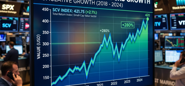 Line chart displaying small-cap value stocks growth from 2018 to 2024 with a 280% increase