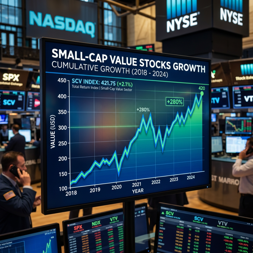 Line chart displaying small-cap value stocks growth from 2018 to 2024 with a 280% increase