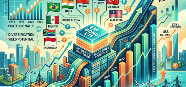 Graphic illustrating emerging market bond ETF growth, diversification, and country flags with financial symbols