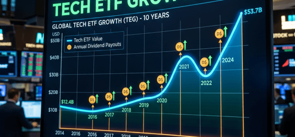 Chart of tech ETF value growth and annual dividend payouts from 2014 to 2024