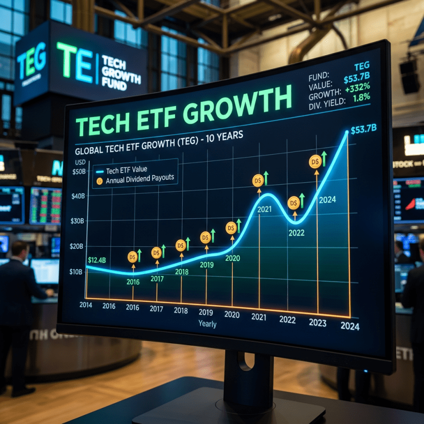 Chart of tech ETF value growth and annual dividend payouts from 2014 to 2024