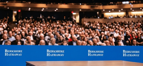 Greg Abel speaking at a podium during Berkshire Hathaway annual shareholders meeting