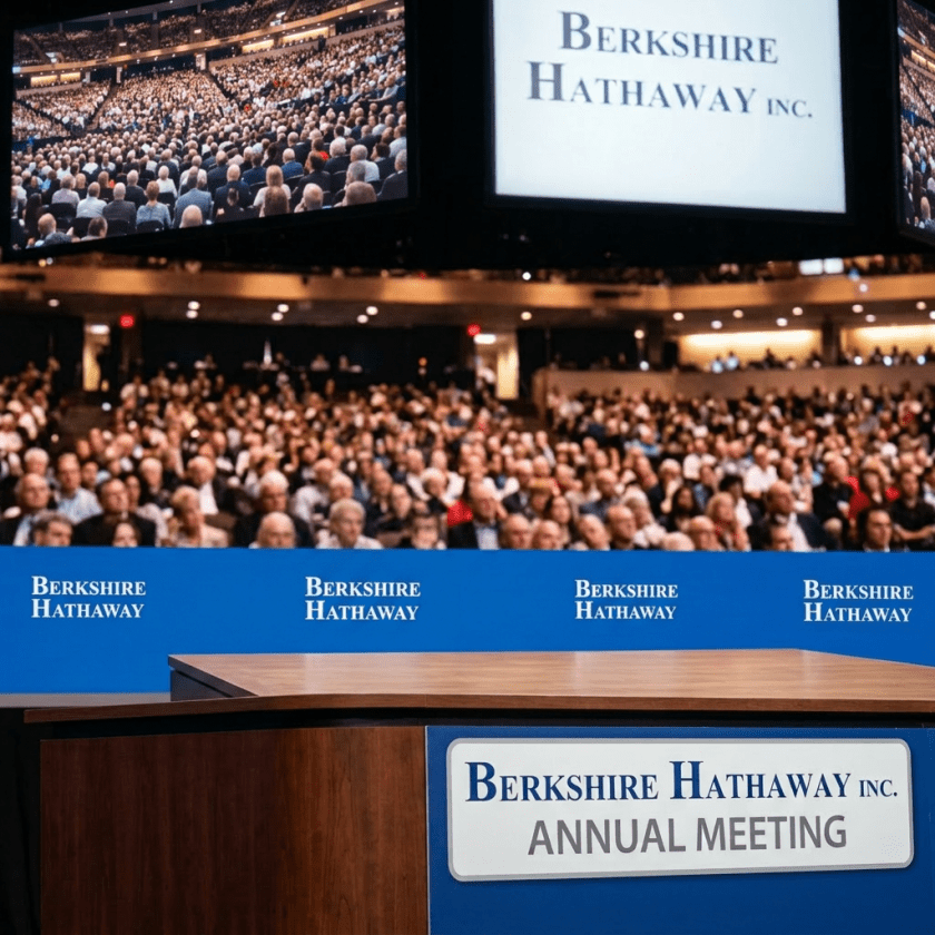 Greg Abel speaking at a podium during Berkshire Hathaway annual shareholders meeting
