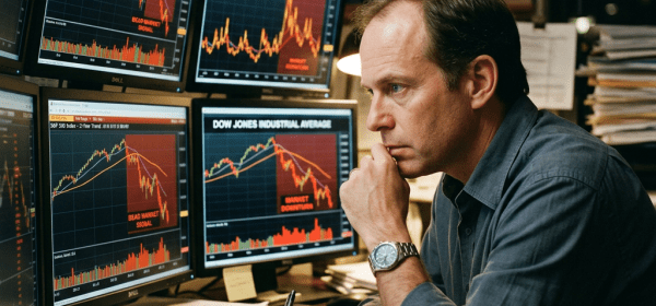 Man analyzing stock market charts showing downturns and volatility on multiple computer screens