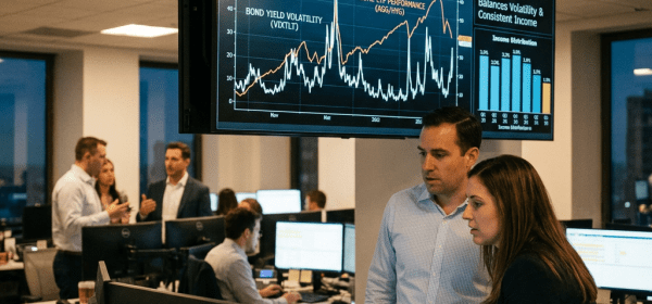 Financial professionals reviewing bond market volatility index and income ETFs data on monitors in an office.