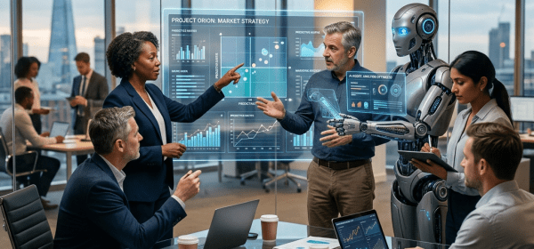 Business team and AI robot collaborating on market strategy with holographic charts