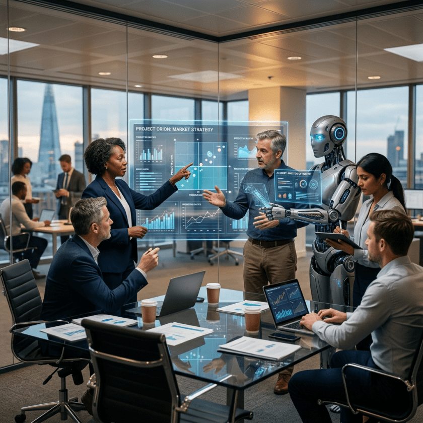 Business team and AI robot collaborating on market strategy with holographic charts