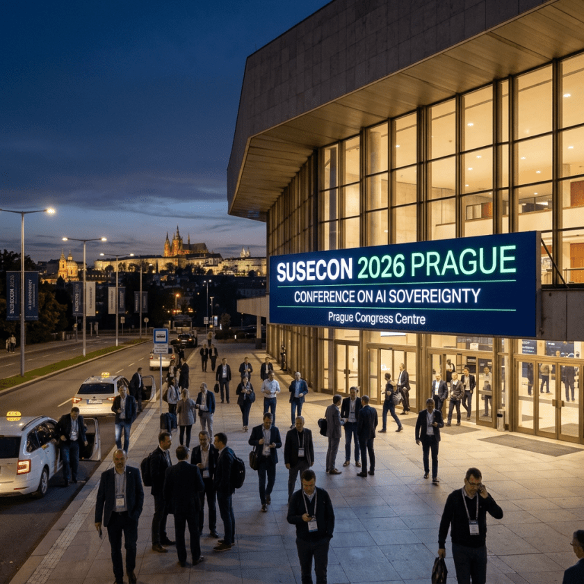 People outside Prague Congress Centre under SUSECON 2026 conference sign