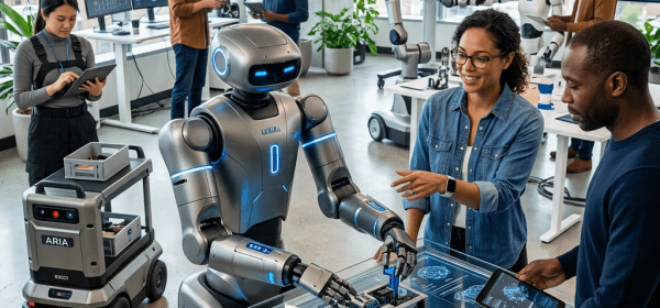 Scientists working with humanoid and robotic arm robots on digital touchscreen tables in a modern lab