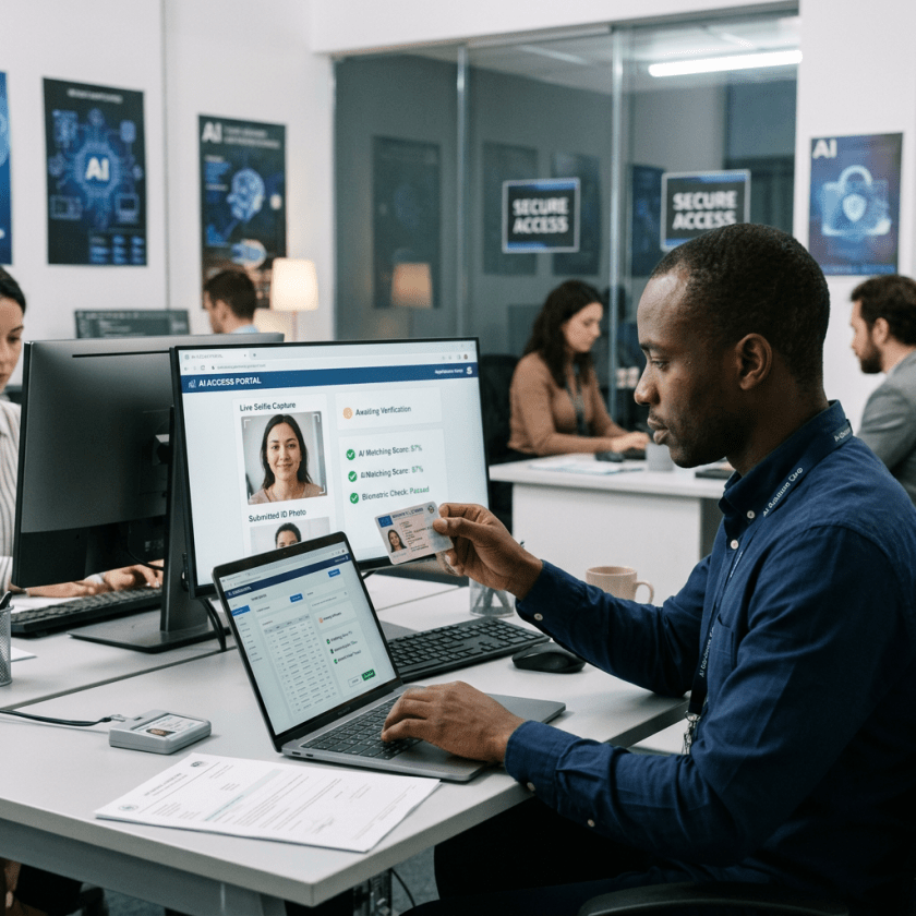 Person verifying ID card with AI access portal on computer screens