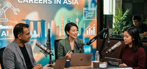 Three people hosting a podcast about future-proofing careers in Asia with microphones and laptops