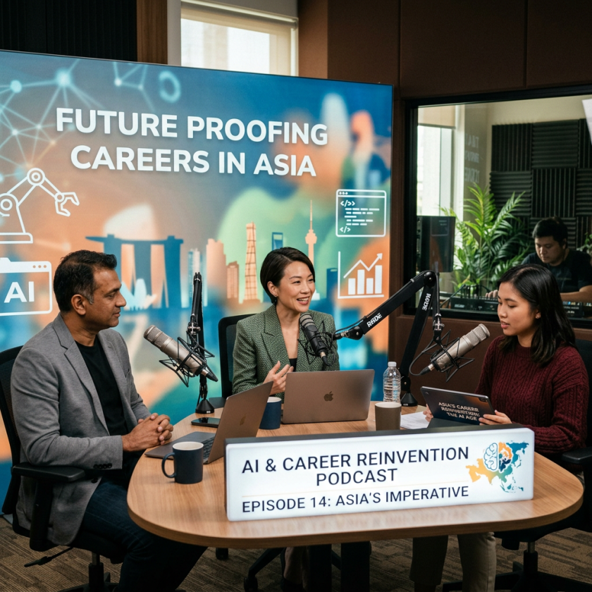 Three people hosting a podcast about future-proofing careers in Asia with microphones and laptops
