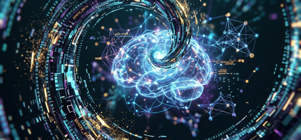 Glowing digital brain with swirling data streams and network connections