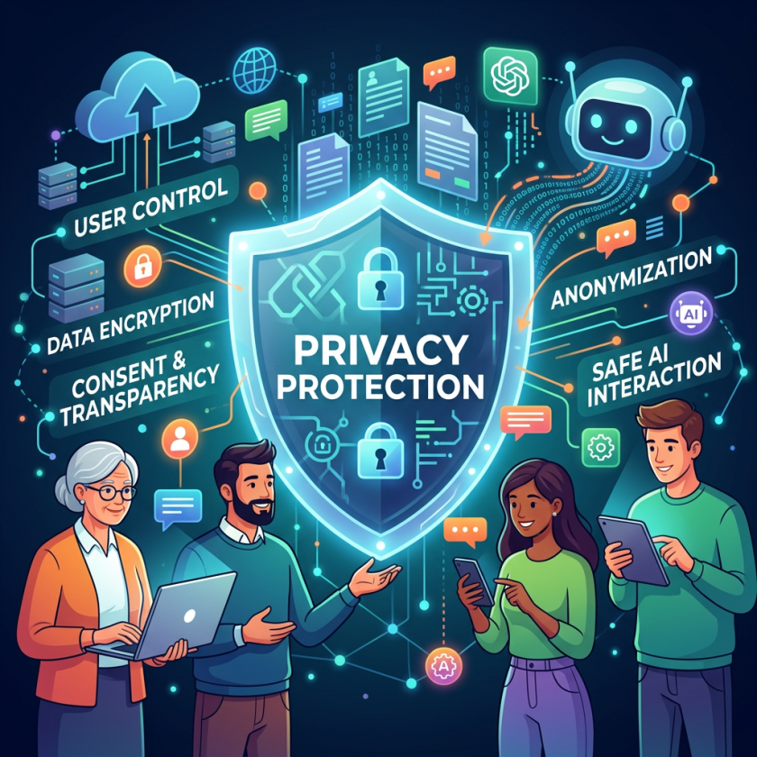 Privacy protection shield surrounded by user control, data encryption, consent and transparency, anonymization, and safe AI interaction concepts with diverse people using digital devices