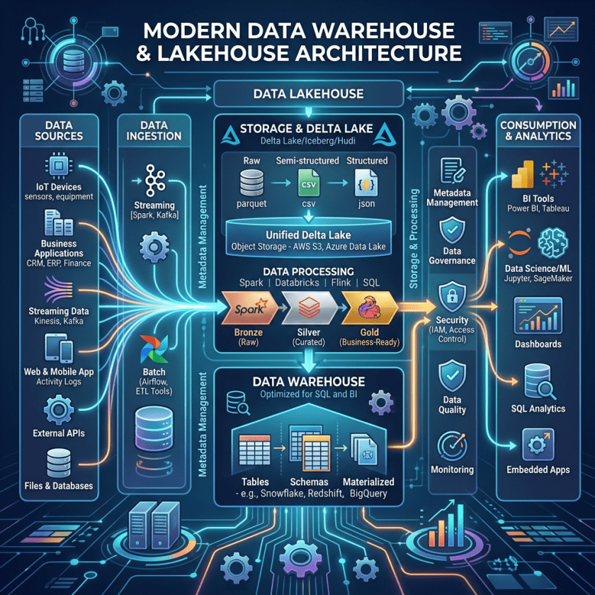 Modern data warehouse and lakehouse architecture showing data sources, ingestion, storage, processing, and consumption