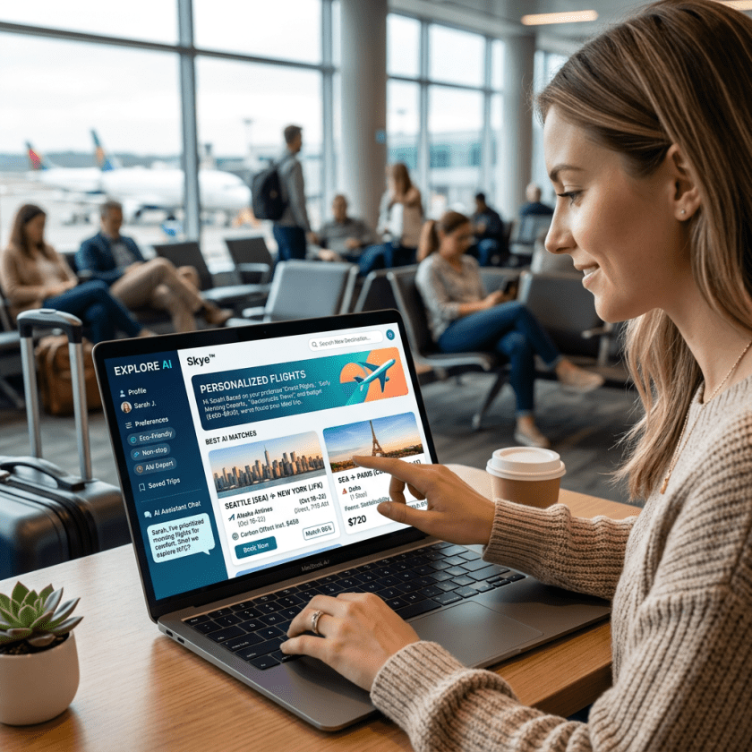 Woman booking personalized flights on laptop in airport lounge