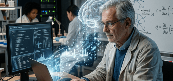Scientist working on laptop with digital brain and data visualization in a neuroscience lab