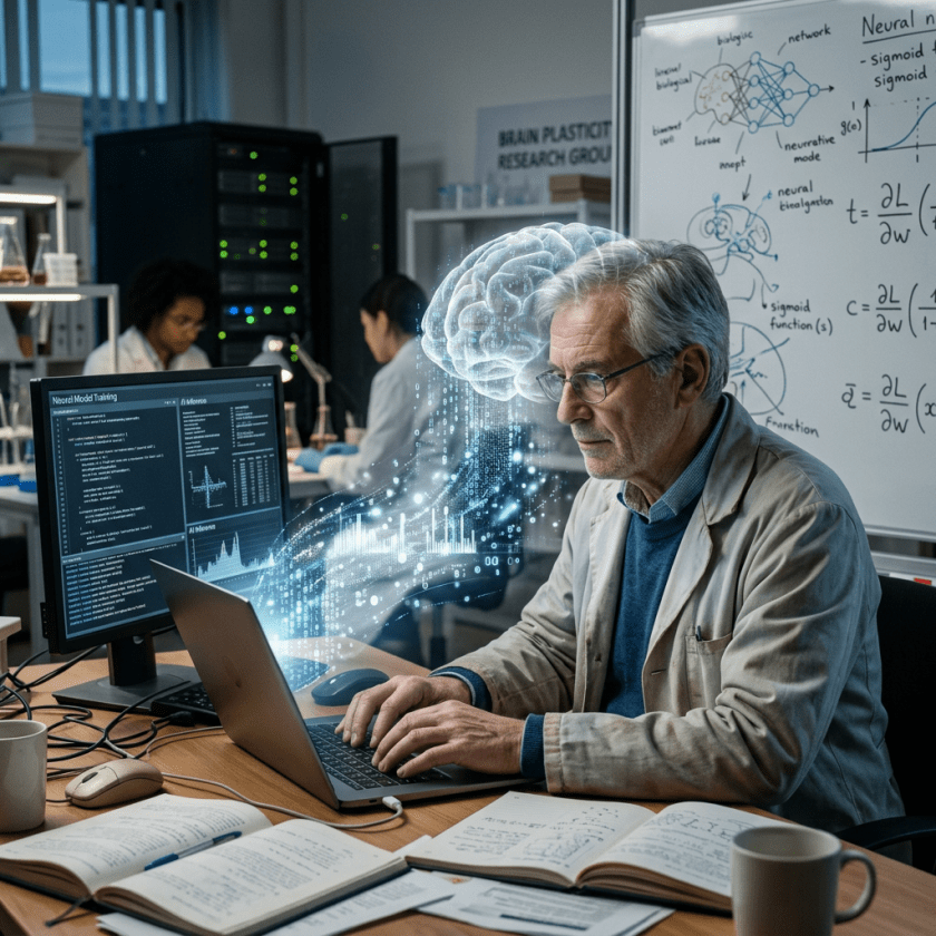Scientist working on laptop with digital brain and data visualization in a neuroscience lab
