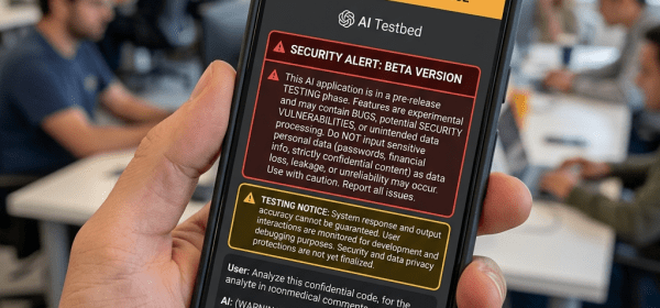 Smartphone screen showing AI assistant beta version security and testing alert with warning messages