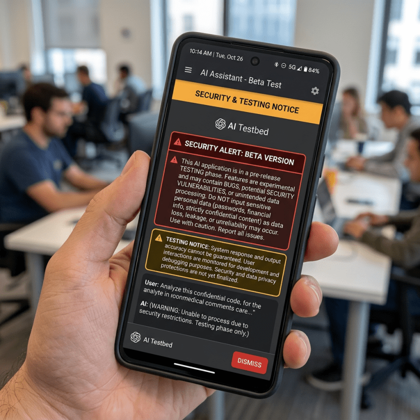 Smartphone screen showing AI assistant beta version security and testing alert with warning messages