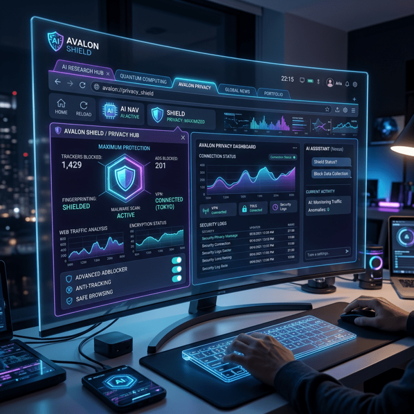 Futuristic digital privacy dashboard showing trackers blocked, VPN status, malware scan activity, and security logs with user interacting via illuminated keyboard and mouse