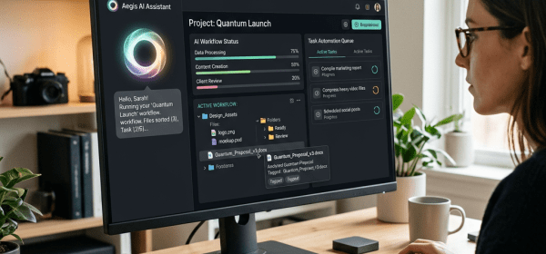 Computer screen displaying AI project management dashboard for Quantum Launch