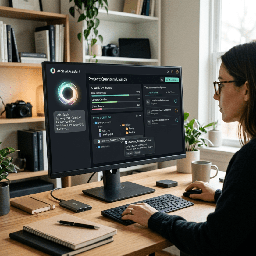 Computer screen displaying AI project management dashboard for Quantum Launch