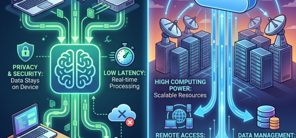 Diagram comparing local on-device AI models and cloud server AI systems highlighting privacy, latency, and resource differences.