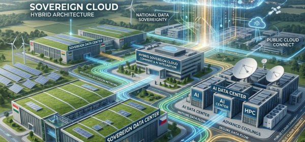 Sovereign cloud hybrid architecture with data centers, AI integration, encrypted network connections, and cloud connections.