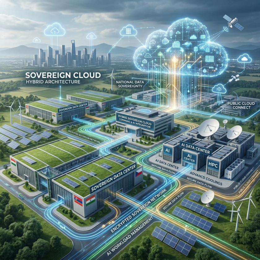 Sovereign cloud hybrid architecture with data centers, AI integration, encrypted network connections, and cloud connections.
