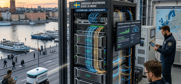 Swedish sovereign edge AI node with secure 5G backhaul and technicians monitoring systems