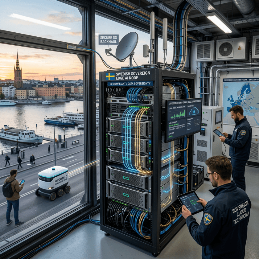 Swedish sovereign edge AI node with secure 5G backhaul and technicians monitoring systems