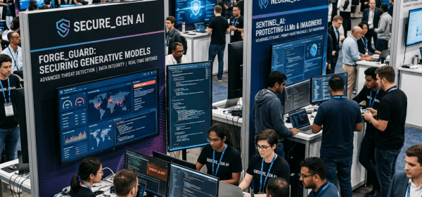 Conference booth with people working on laptops and large screens showing AI cybersecurity software