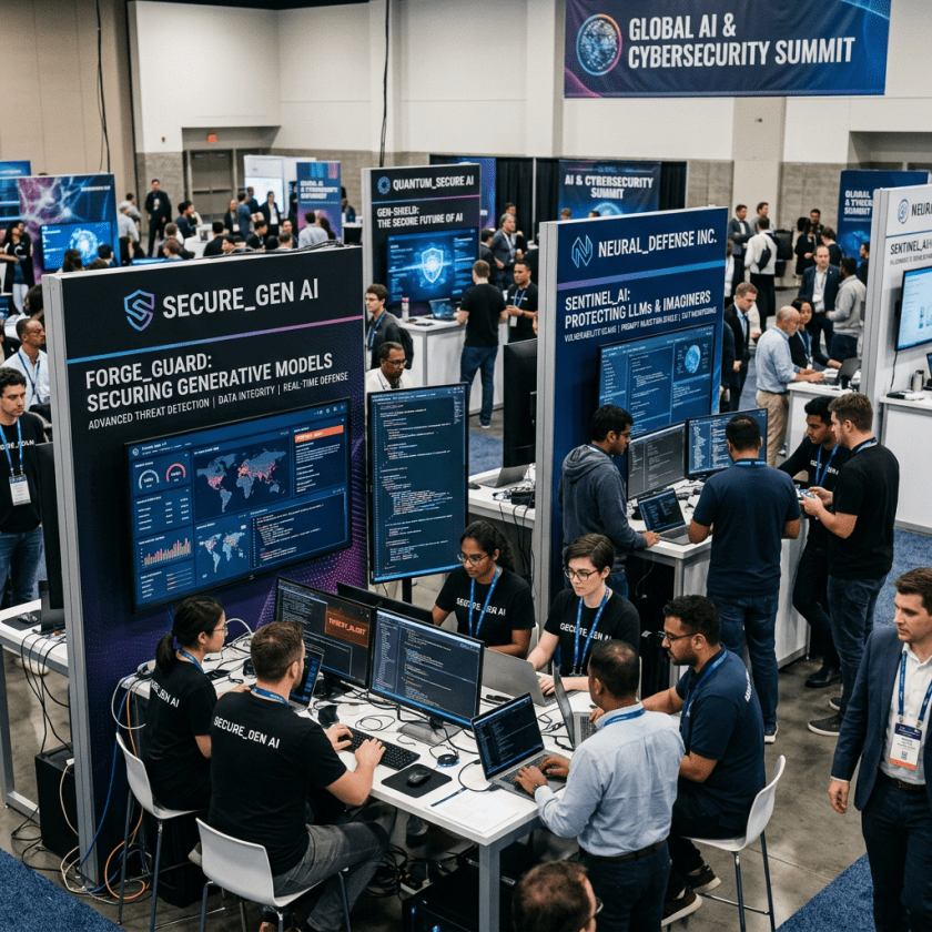 Conference booth with people working on laptops and large screens showing AI cybersecurity software