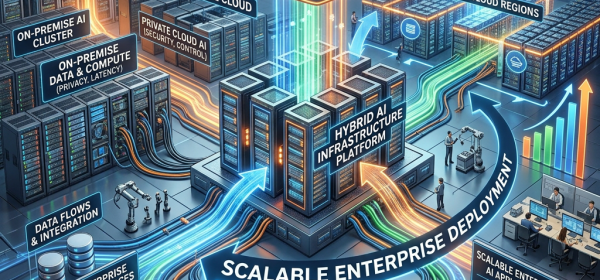 Diagram of hybrid AI infrastructure platform connecting on-premise data, edge computing, private and public clouds for scalable enterprise AI deployment