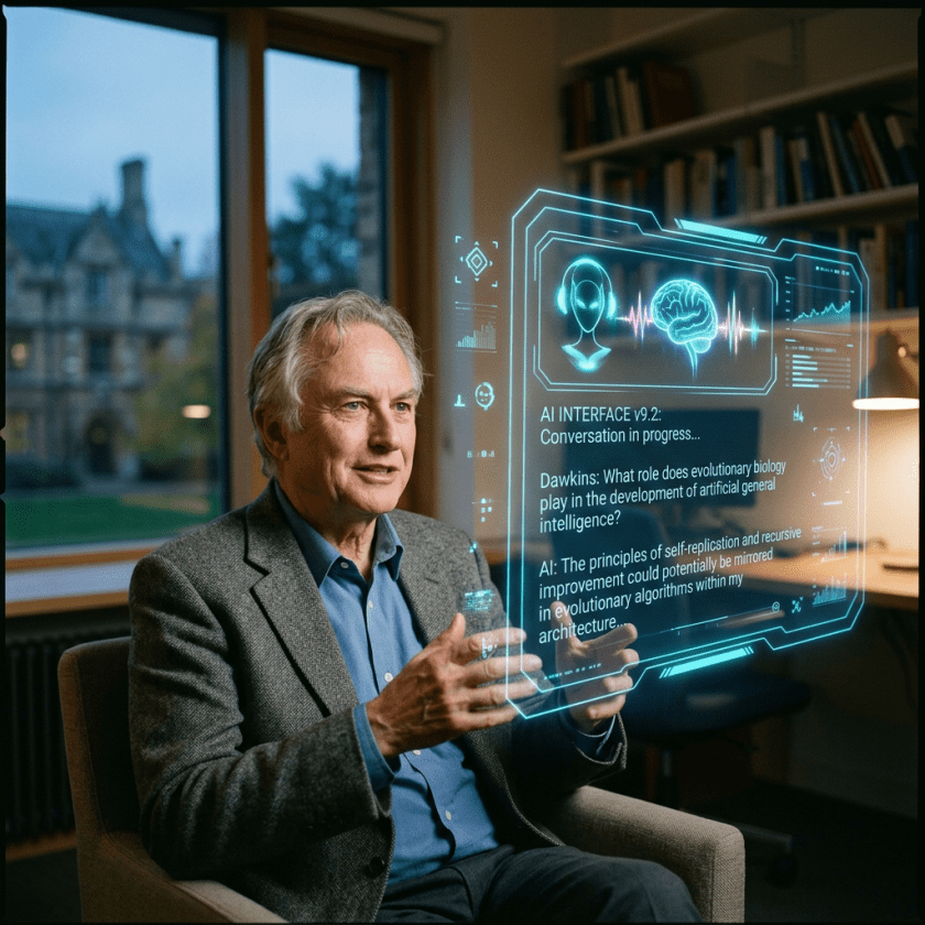 Older man speaking with holographic AI interface discussing evolutionary biology and AI