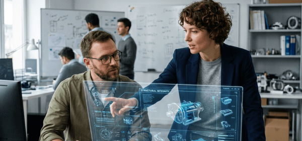 Two engineers discussing AI-driven mechanical design with holographic interface