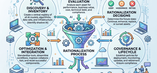 Diagram showing steps in enterprise AI asset rationalization including discovery, evaluation, decisions, governance, optimization, cost reduction, efficiency, and risk mitigation