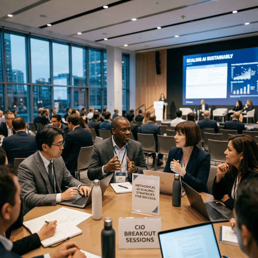 Group of CIOs in a breakout session discussing AI scaling strategies at a conference