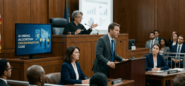 Lawyer presenting argument in courtroom with judge, defense, and plaintiff in AI hiring discrimination case