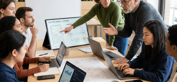 Team meeting with laptops, whiteboard notes, and digital customer journey presentation