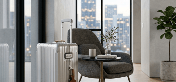 Silver hard-shell suitcase standing near gray armchair and small round table with book and plant