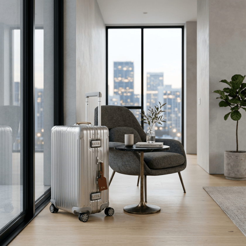 Silver hard-shell suitcase standing near gray armchair and small round table with book and plant