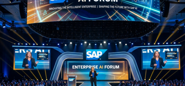 Speaker presenting on stage at SAP Enterprise AI Forum with audience and large digital displays