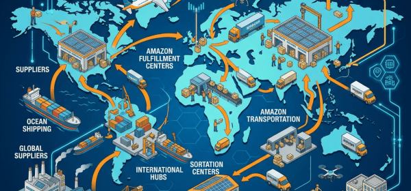 Mapped supply chain network showing suppliers, hubs, fulfillment centers, transportation, and delivery stations for Amazon.