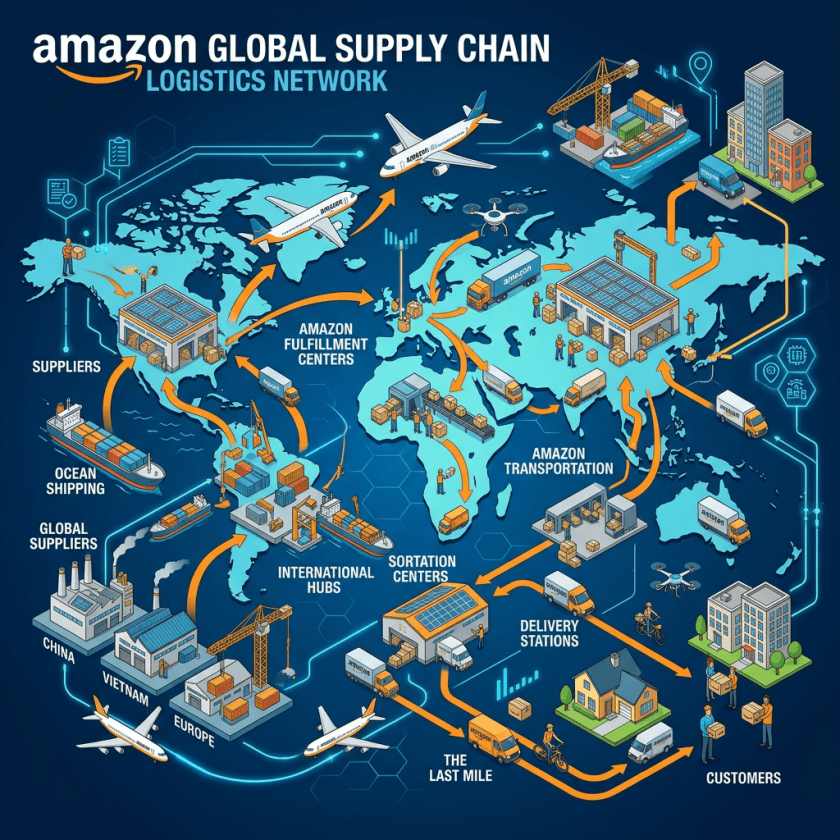 Mapped supply chain network showing suppliers, hubs, fulfillment centers, transportation, and delivery stations for Amazon.