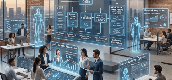 Corporate office scene showing bank staff interacting with large transparent AI strategy displays and digital employee avatars in a modern workspace